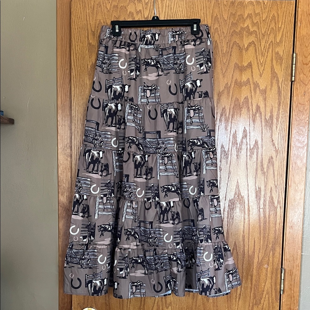 Tiered Maxi Skirt in Taupe with Equine Print